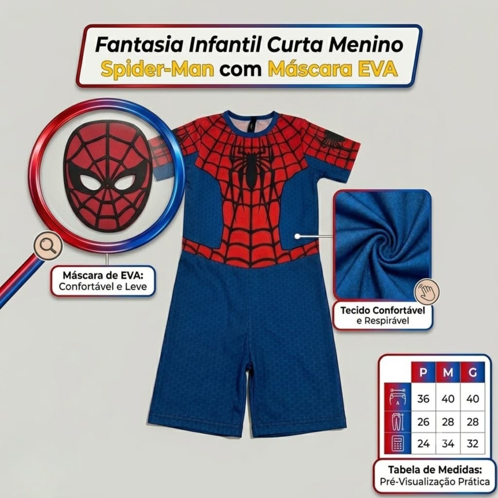 Fantasia Infantil Homem Aranha Curto Com Máscara EVA