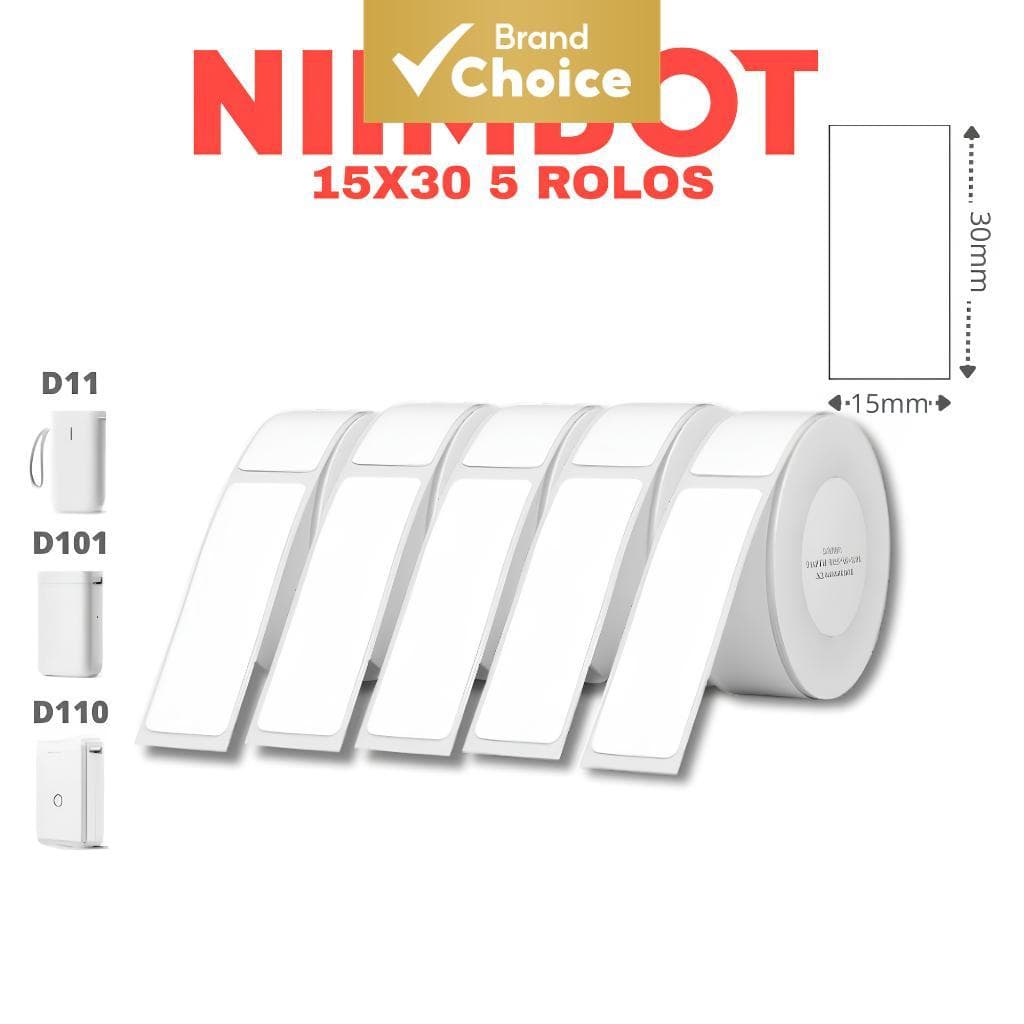 5 Rolos 975 Unidades Papel de Rótulo Térmico Niimbot D11H D110M D101 H1S | 15x30mm, Branco, Cor Pura, à Prova d'Água,
