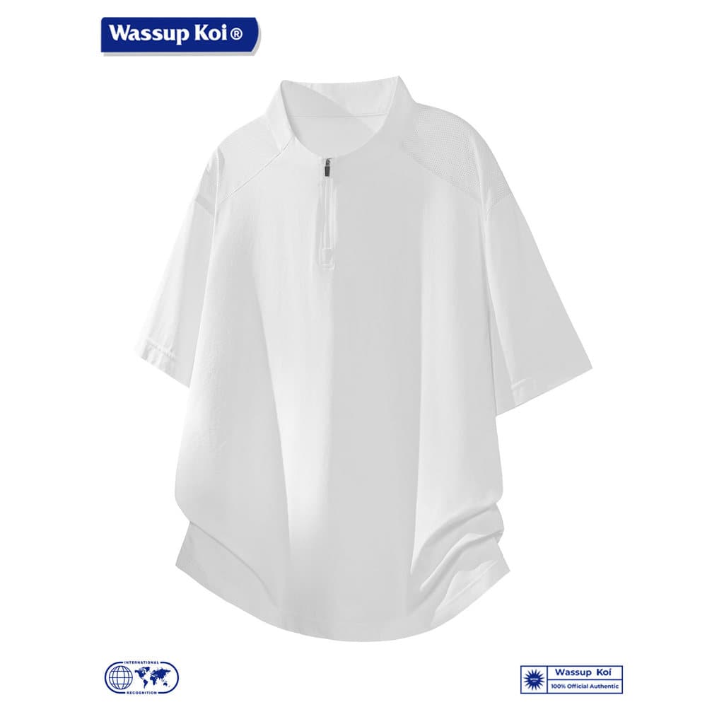 WASSUP KOI Camiseta masculina de manga curta verão gelo sensação leve respirável meio zíper gola alta