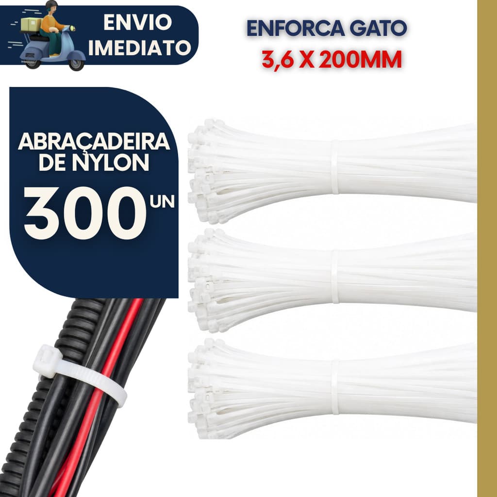 Kit 300 Enforca Gato Abraçadeira de Nylon Resistente 3,6x200mm Cinta Plástica p Organização p Fio