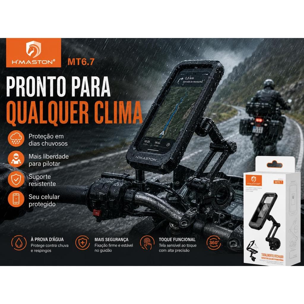 Suporte de Celular para Moto H'Maston MT6.7 Impermeável com Toque Funcional, Ajuste 360° e Fixação Segura no Guidão