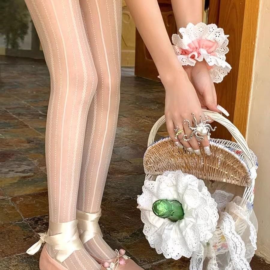 Estilo balé francês leite branco desejo Jacquard listrado meias primavera outono fino renda transparente jk Leggings pre