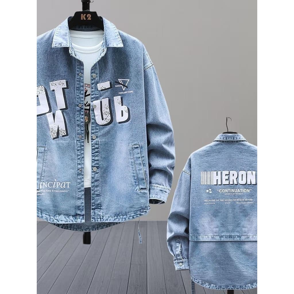 2025 primavera outono novo estilo impresso lapela Denim camisa jaqueta masculina Street Wear solto Casual juventude estu