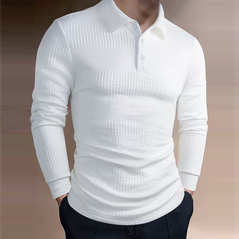 Camisa Polo Jacquard Masculina Estilo Retrô Americano, Luxuosa, Slim, Cor Sólida, Casual, com Gola e Manga Longa