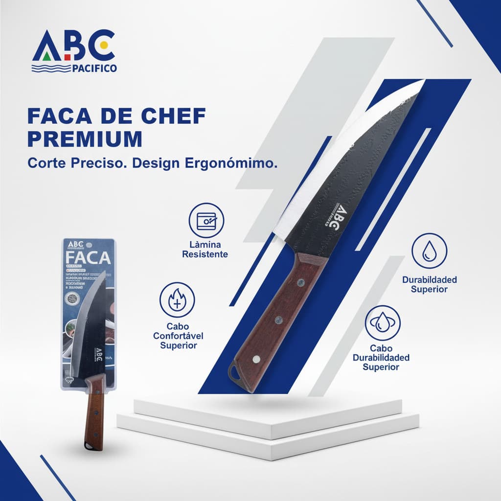 Faca Chef Forjada Premium Lâmina Aço Inox Cabo de Madeira 8"
