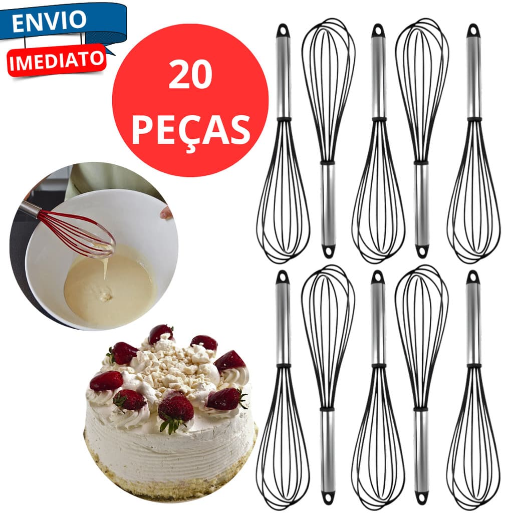 Kit 20 Batedor De Clara Fuê Fouet Manual Ovos Silicone Cabo Inox Alta Temperatura Quente Confeiteiro