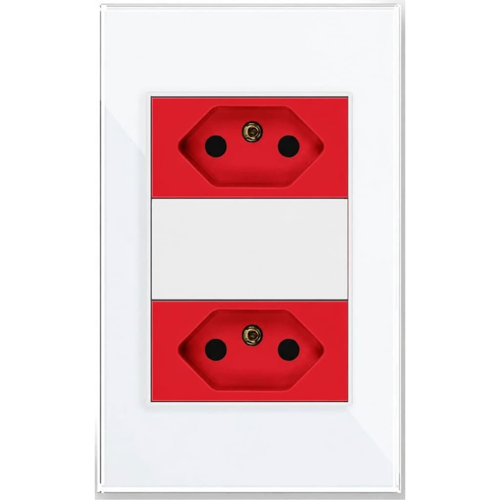 Tomada  Dupla Branca com Módulo Vermelho 220V Vidro Temperado
