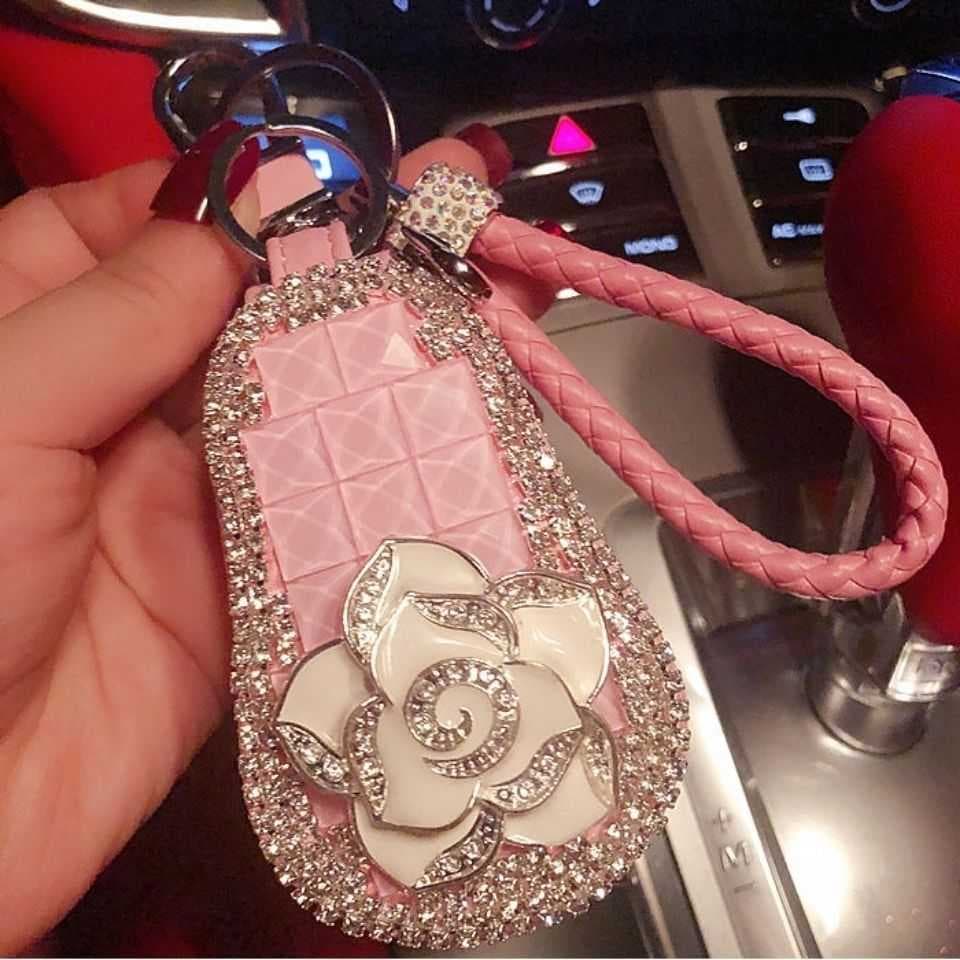 Universal strass caso chave do carro caso protetor chave do carro das mulheres dos homens pingente de couro genuíno bola