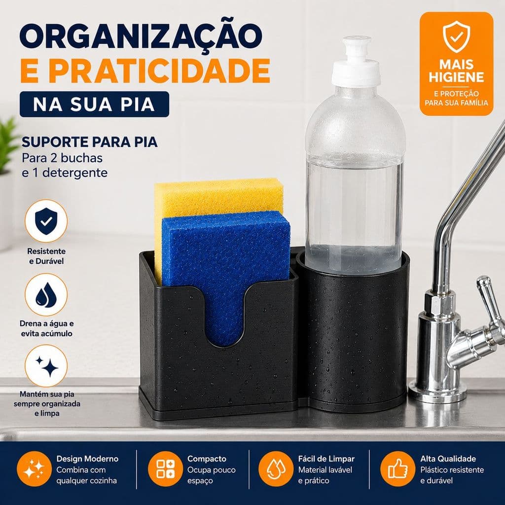 Suporte de 2 duas buchas e 1 detergente em PLA para pia com fundo removível e vazado