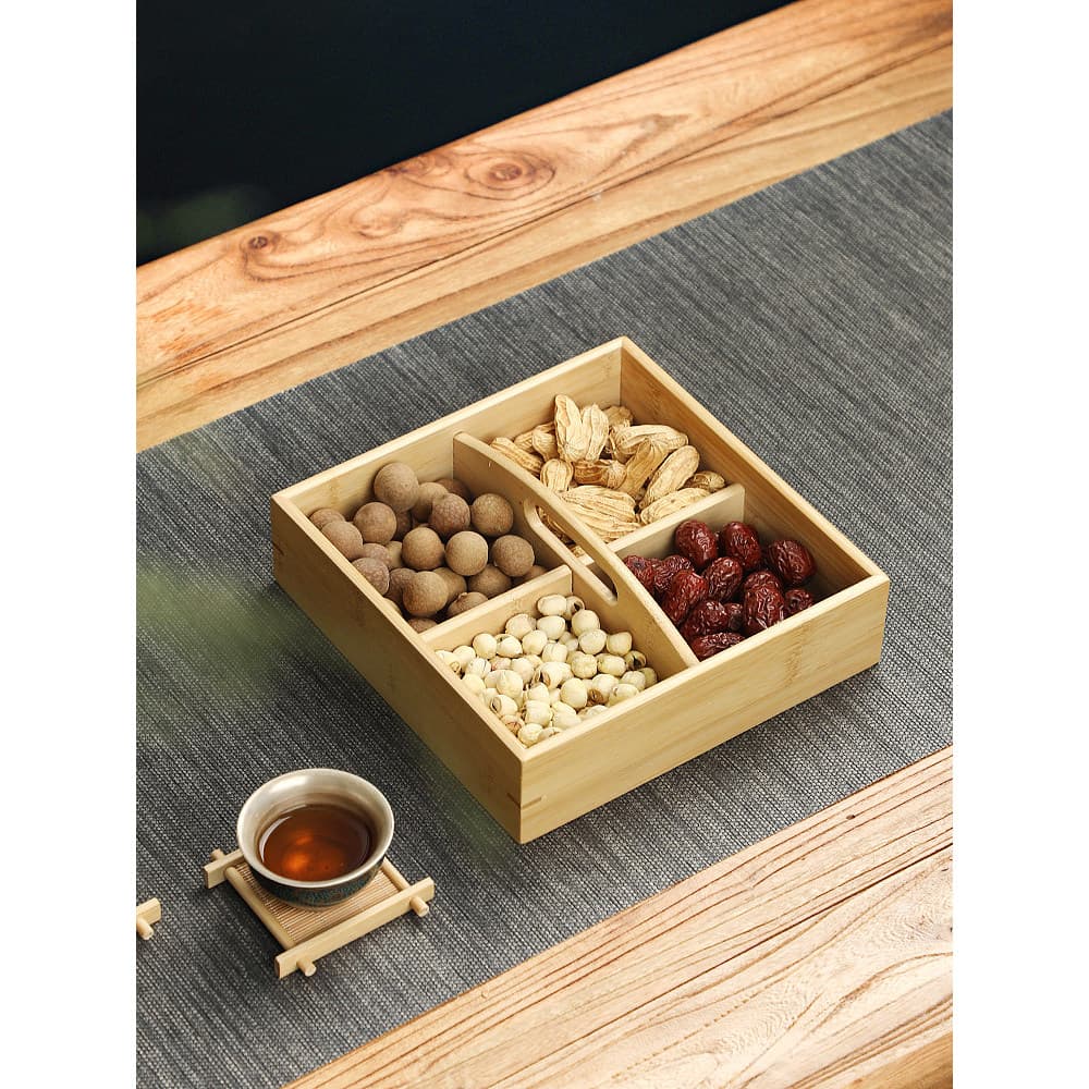 Prato de frutas secas criativo de bambu feito à mão simples estilo chinês conjunto de chá com tampa caixa de armazenamen
