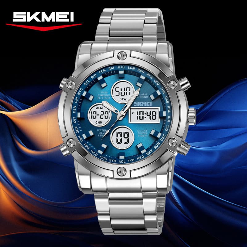 SKMEI relógio eletrônico multifuncional com pulseira de aço, mostrador grande, movimento duplo, Display duplo