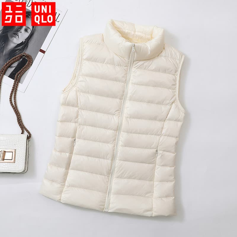 (12 Cores) UNIQLO Jaqueta Para Baixo Leve Feminina Sem Mangas Alta Qualidade Mantenha-te aquecido Colete Casaco
