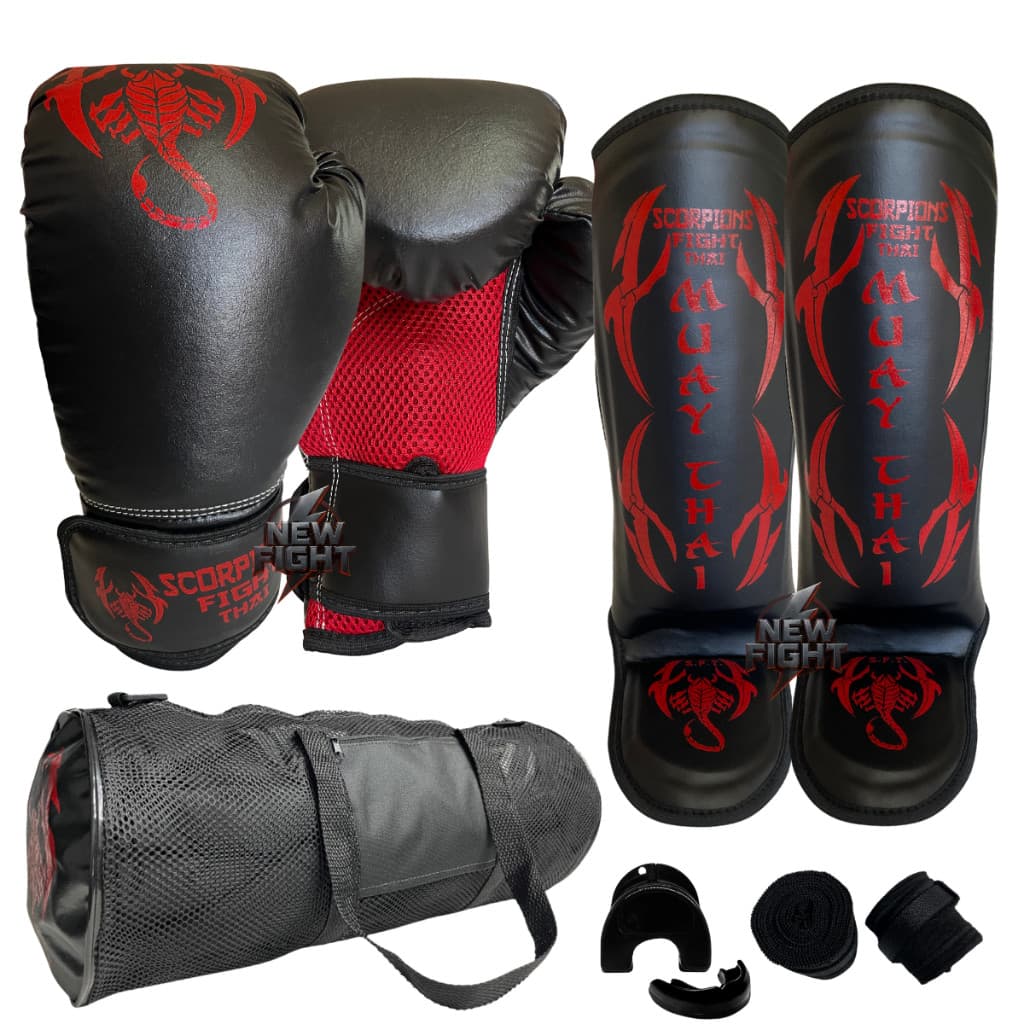 Kit Luva Muay Thai Boxe kickboxing + Bandagem + Bucal + Bolsa + Caneleira