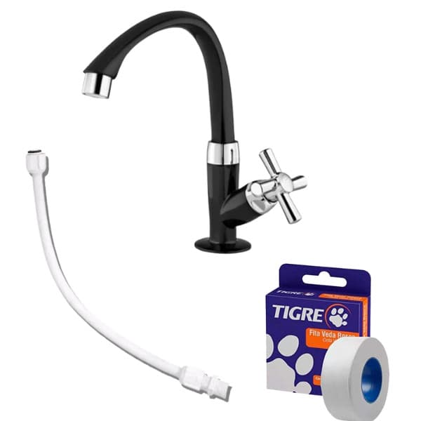 Kit Instalação Pia Torneira Lavatório Torneira + engate + veda rosca Kit 3 Peças