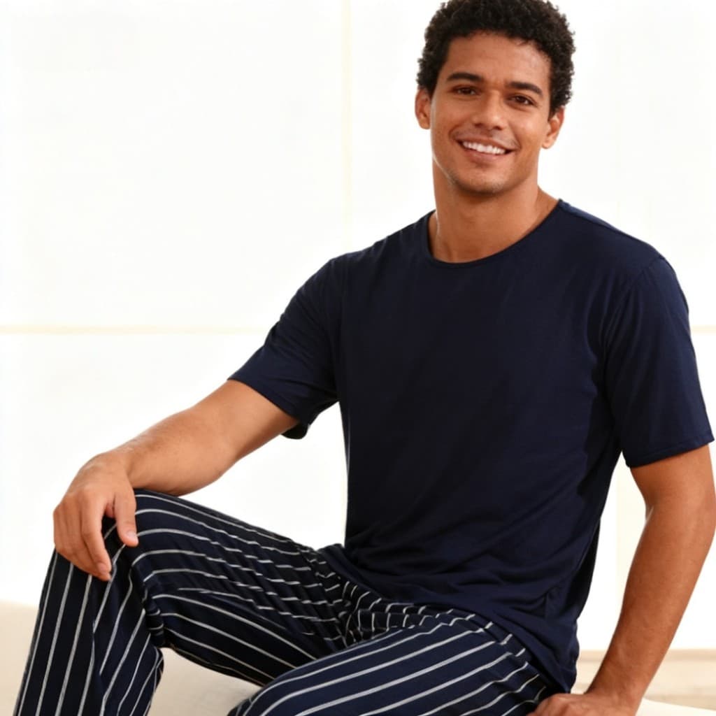 Pijama Conjunto Masculino e Fresco com Shorts e Camiseta de Manga Curta e Calça de Poliéster Fino Confortável 4625