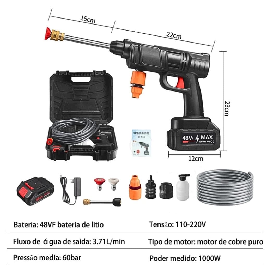 Lava Jato de Alta Pressão Pistola Portátil 48V Com 2 Bateria Lavadora Profissional Sem Fio Recarregável a Bateria