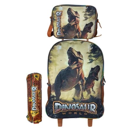 Kit Mochila Rodinha Infantil Menino Lancheira e Estojo Dinossauro