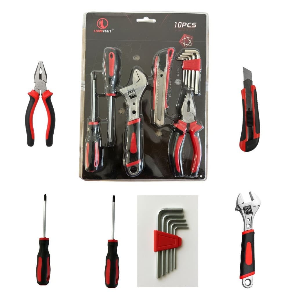 Kit Ferramentas 10 Peças Alicate Chave Inglesa Estilete Fenda Phillips Allen Para Casa Carro Oficina Manutenção Reparos