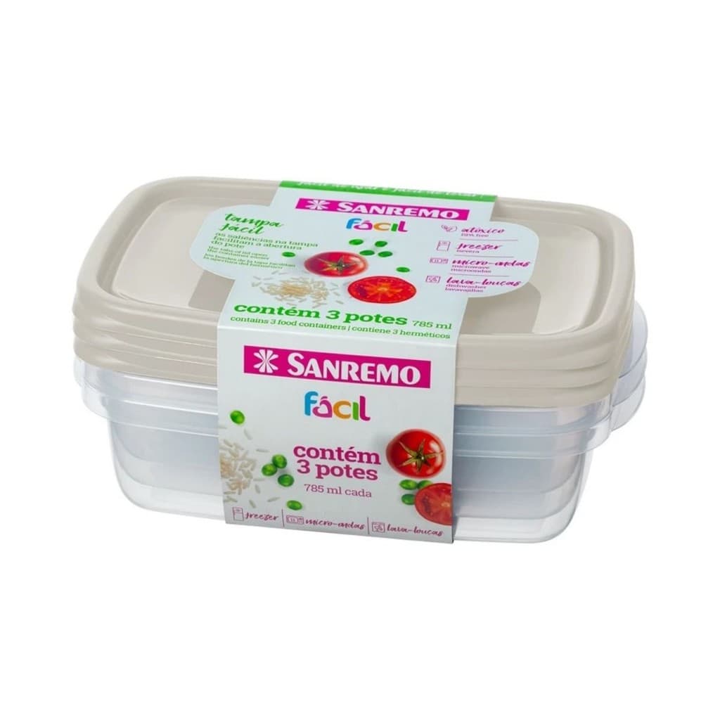 Jogo de Potes com 3 Unidades Sanremo 785ml Hermético Cinza Transparente Modular Marmita Freezer Kit