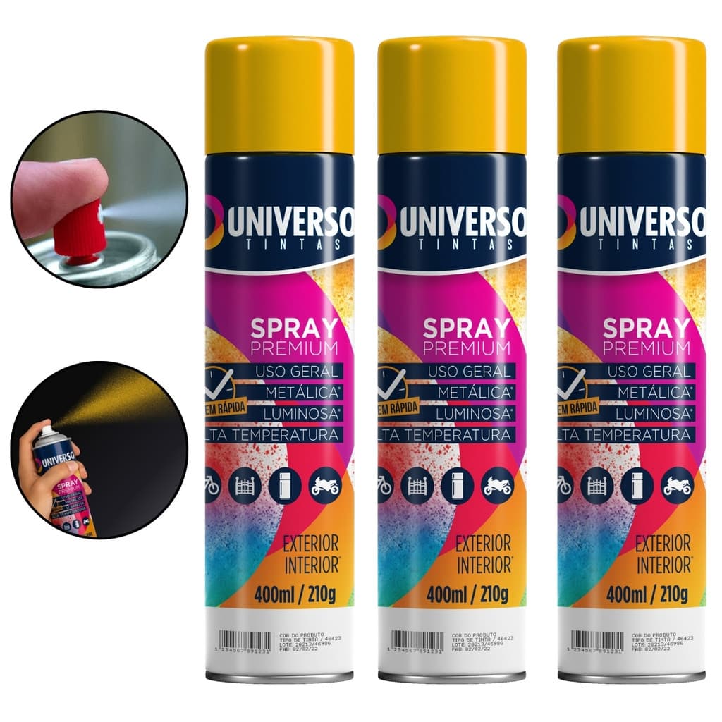 Kit 3 Tintas Spray 400ml Amarelo Uso Geral Universo Tinta para Pintura de Aço Ferro Couro Gesso e Cerâmica Casa