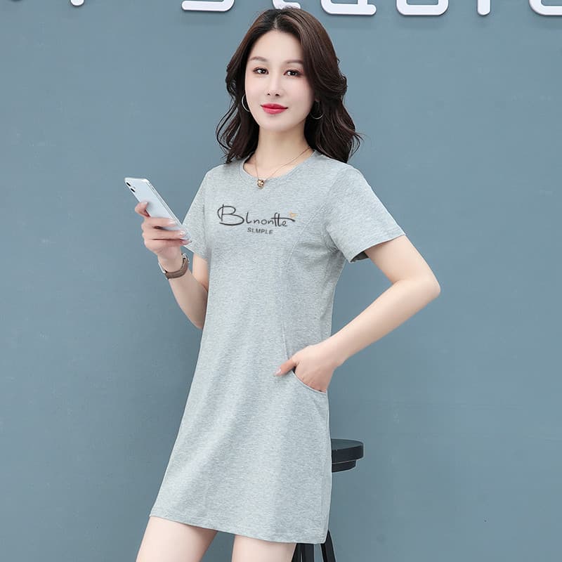 Estilo Commuter em torno do pescoço vestido de manga curta feminino verão comprimento médio impresso mais magro olhar Al