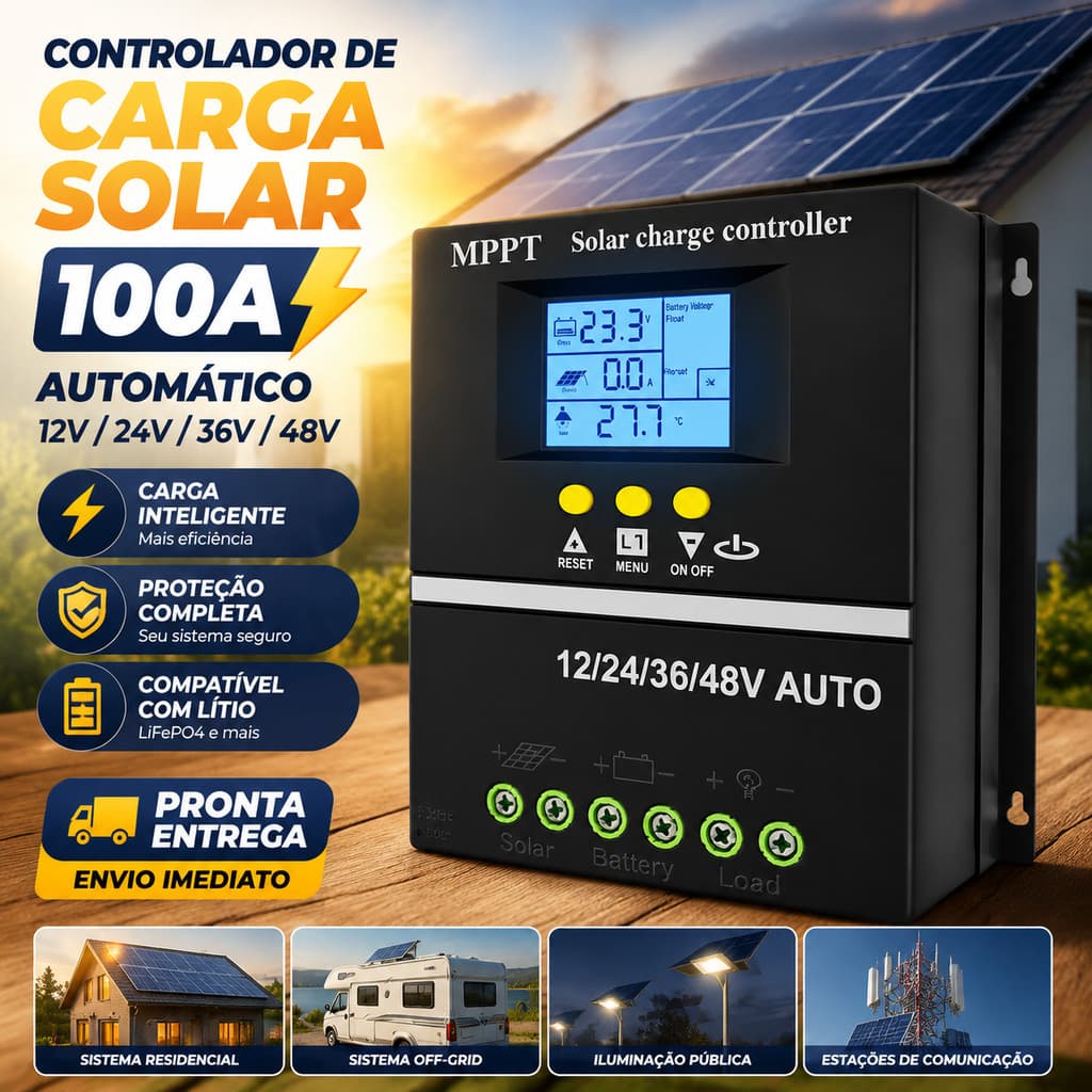 Controlador De Carga Solar 100a Automático 12v 24v 36v 48v Painel Fotovoltaico Bateria Litio