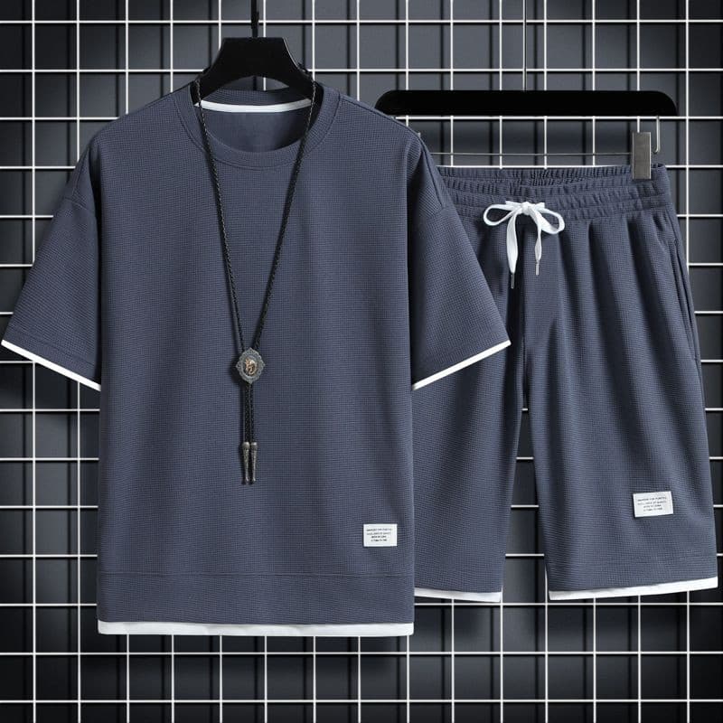 Waffle Casual terno masculino verão gelo seda manga curta camiseta masculina um conjunto com bonito terno esportivo de t