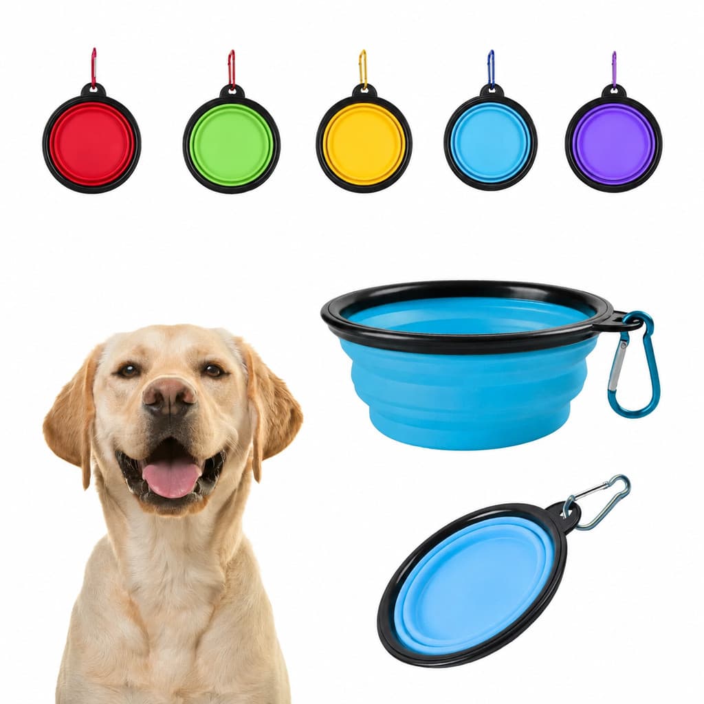 Comedouro Retrátil Dobrável para Cachorro e Gato em Silicone com Mosquetão Portátil