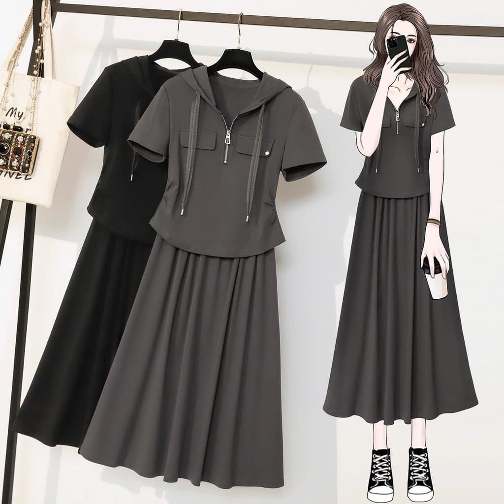 Tamanho Grande Simples Gordura MM Moda Nova casual Curta-Manga Zíper Com Capuz Saia Fina Conjunto De Duas Peças Txt06150