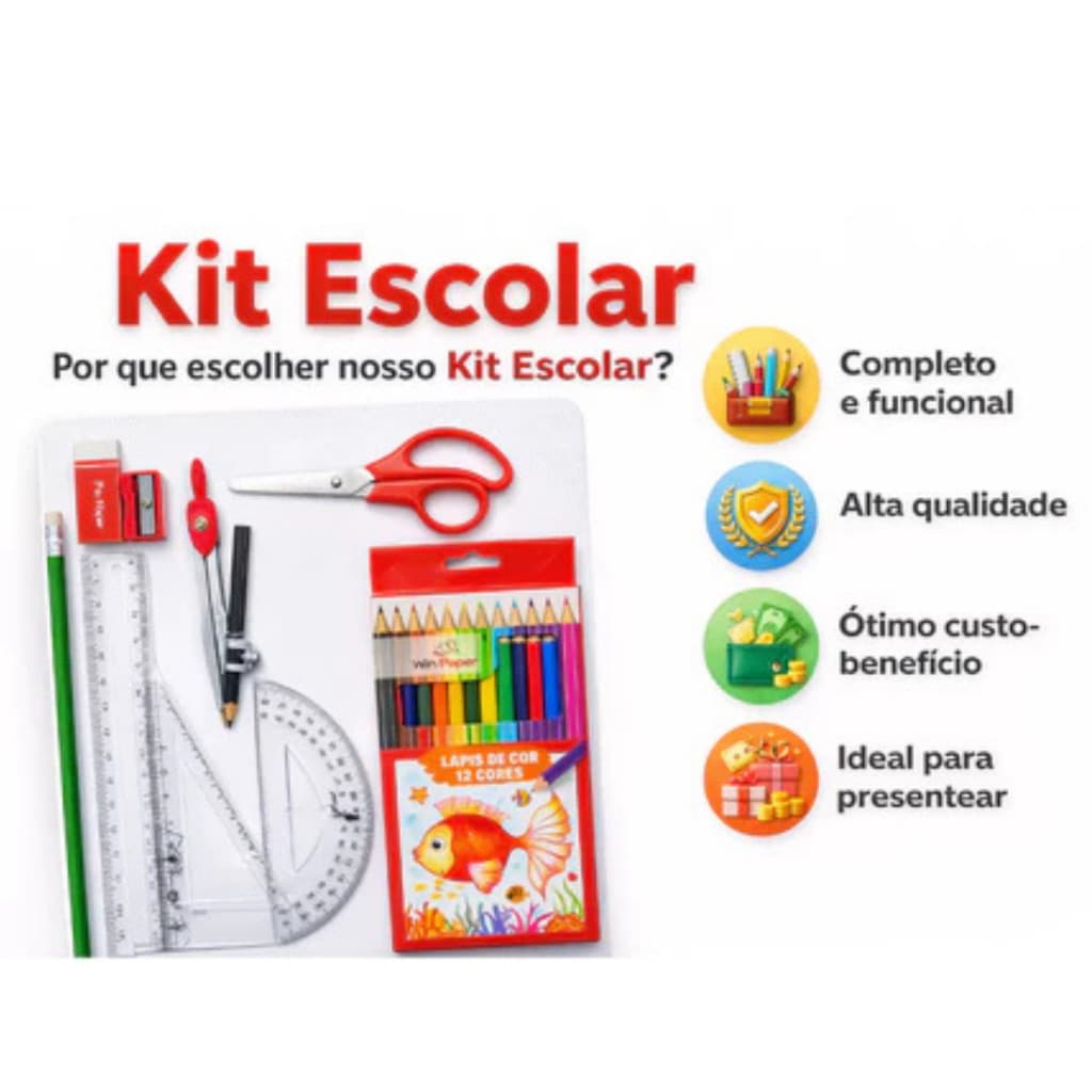 Kit Escolar Completo 9 Peças com Lápis de Cor 12 Cores, Tesoura, Régua, Compasso e Acessórios envio imediato