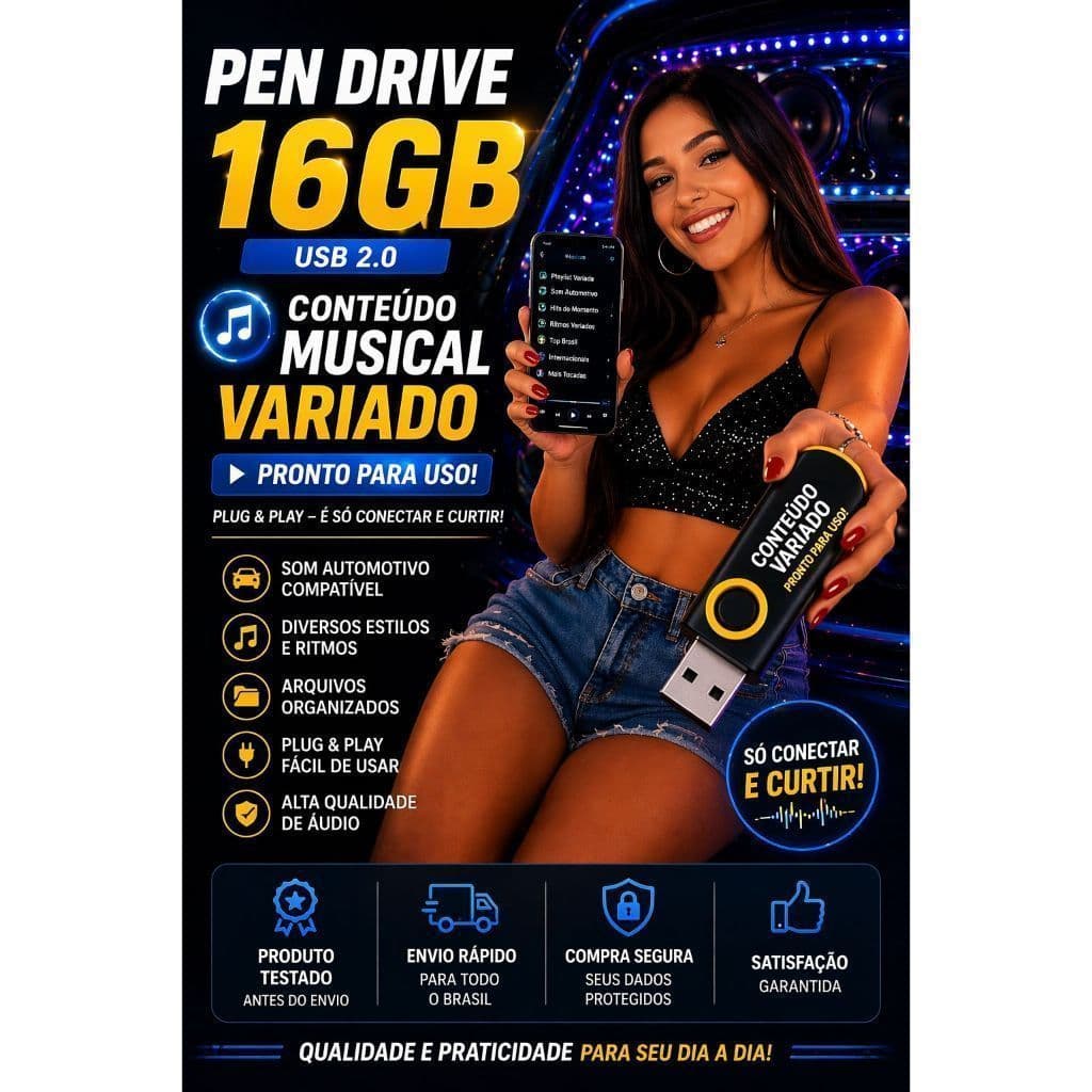 Pen Drive 16GB USB Gravado | Som Automotivo | Conteúdo Variado | Plug Play
