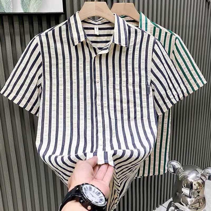 Camisa de manga curta masculina verão listras verticais magro-ajuste lapela gelo seda Seersucker topo na moda Casual res