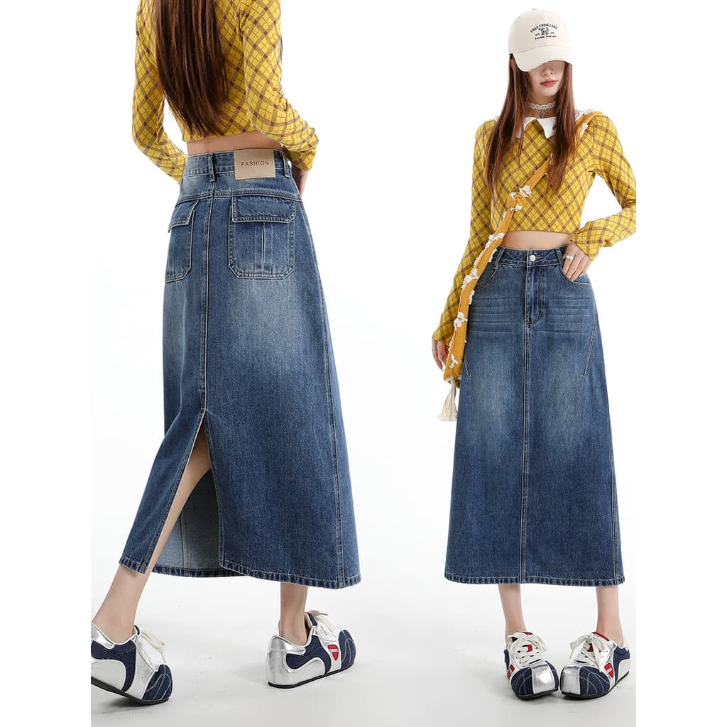 Design sentido bolso traseiro saia azul divisão Denim saia feminina 2026 primavera cintura alta a linha saia de comprime