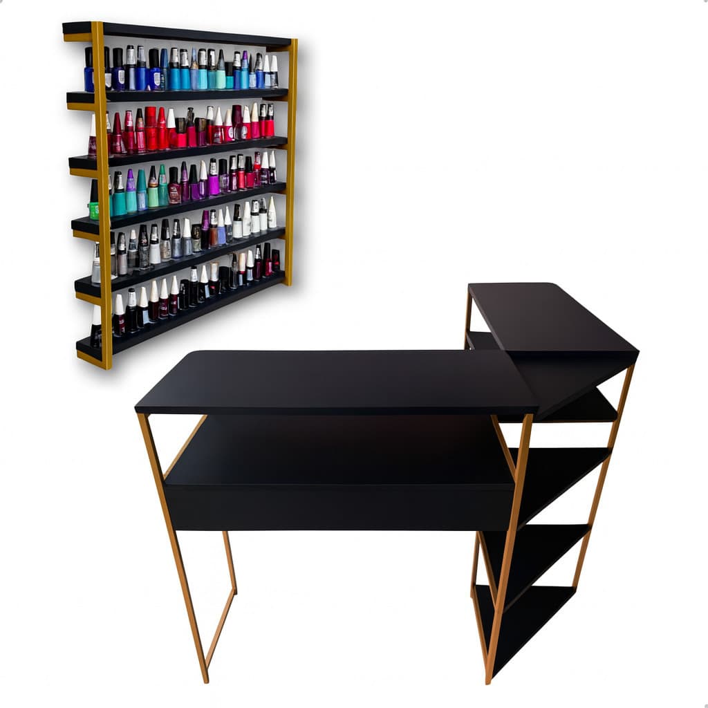 Mesa Industrial Manicure em L – Preta com Suporte de Esmaltes Incluso