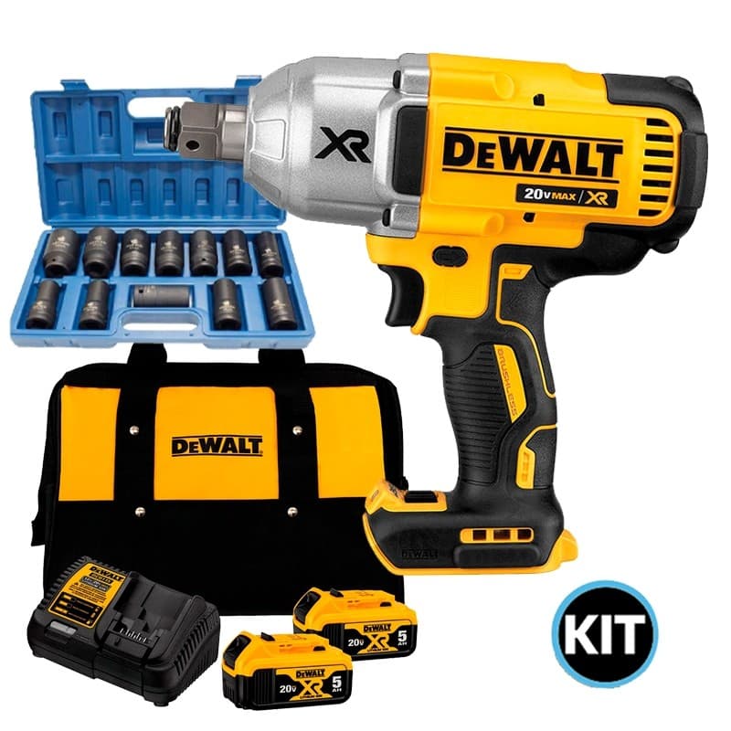 Chave de Impacto 3/4" a Bateria 20V Dewalt DCF897B-B3 + Kit 2 Baterias 5Ah + Carregador DCB205C2K-BR + Jogo Soquete 12pc