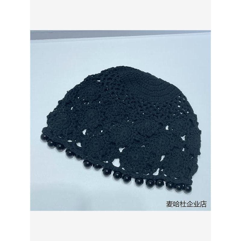 Feito à mão crochê pérola borla malha Baotou chapéu feminino Retro elegante oco lenço chapéu Casual pulôver chapéu na mo