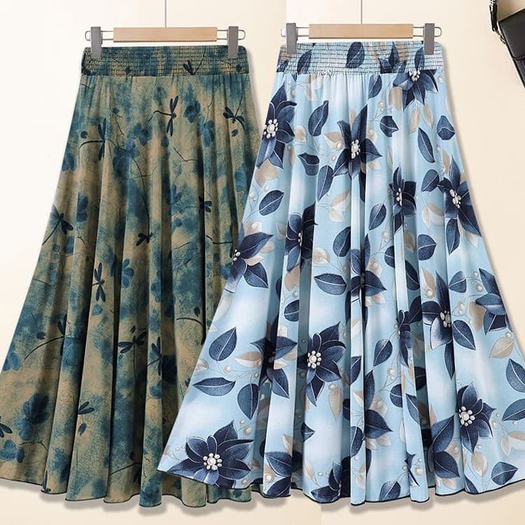 Mãe idosa de meia-idade usar novo estilo de seda gelo Floral Chiffon saia mais magro olhar verão cintura alta A linha