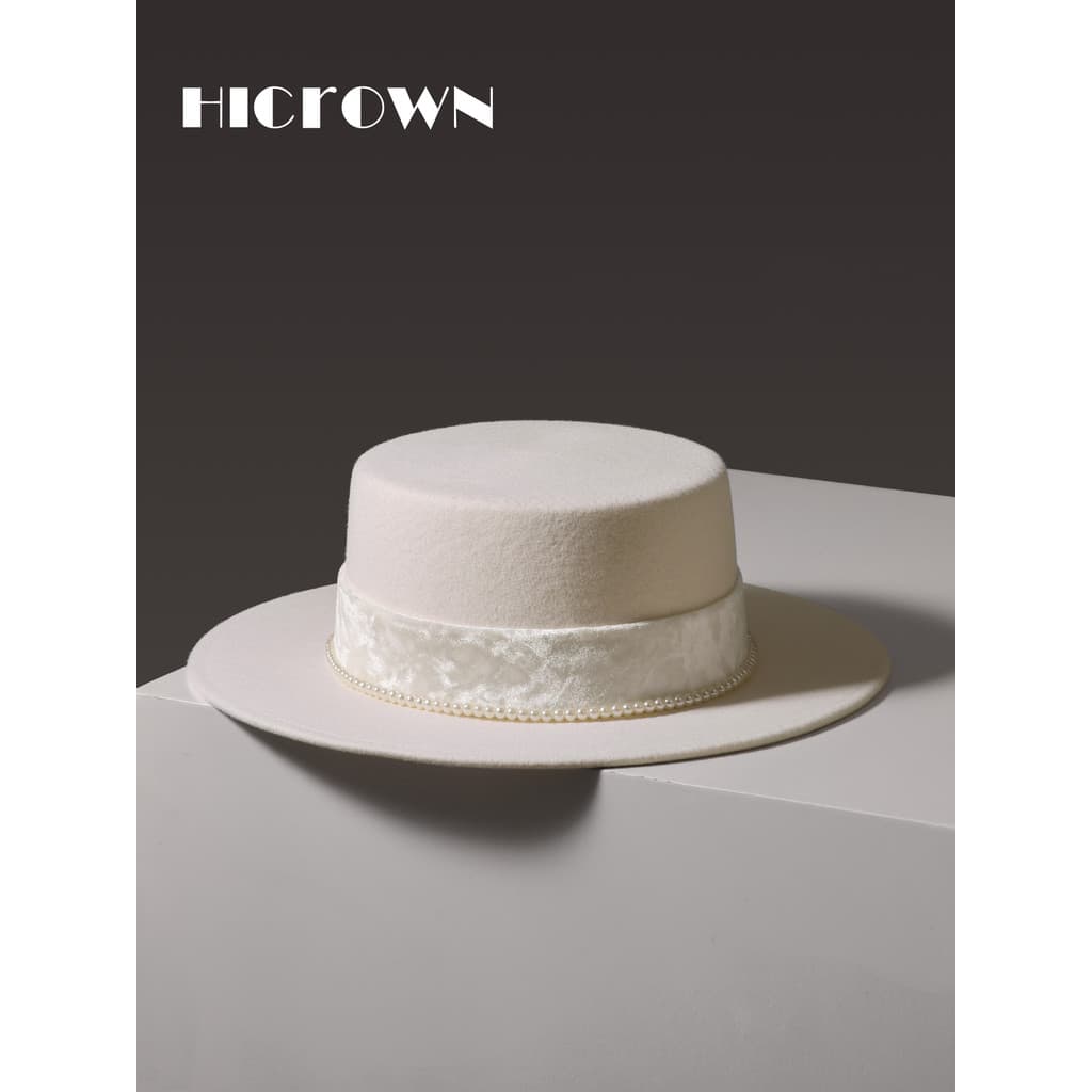 Outono inverno novo estilo de lã branca plana chapéu senhoras francês elegante pérola senhoras estilo chapéu preto de ab