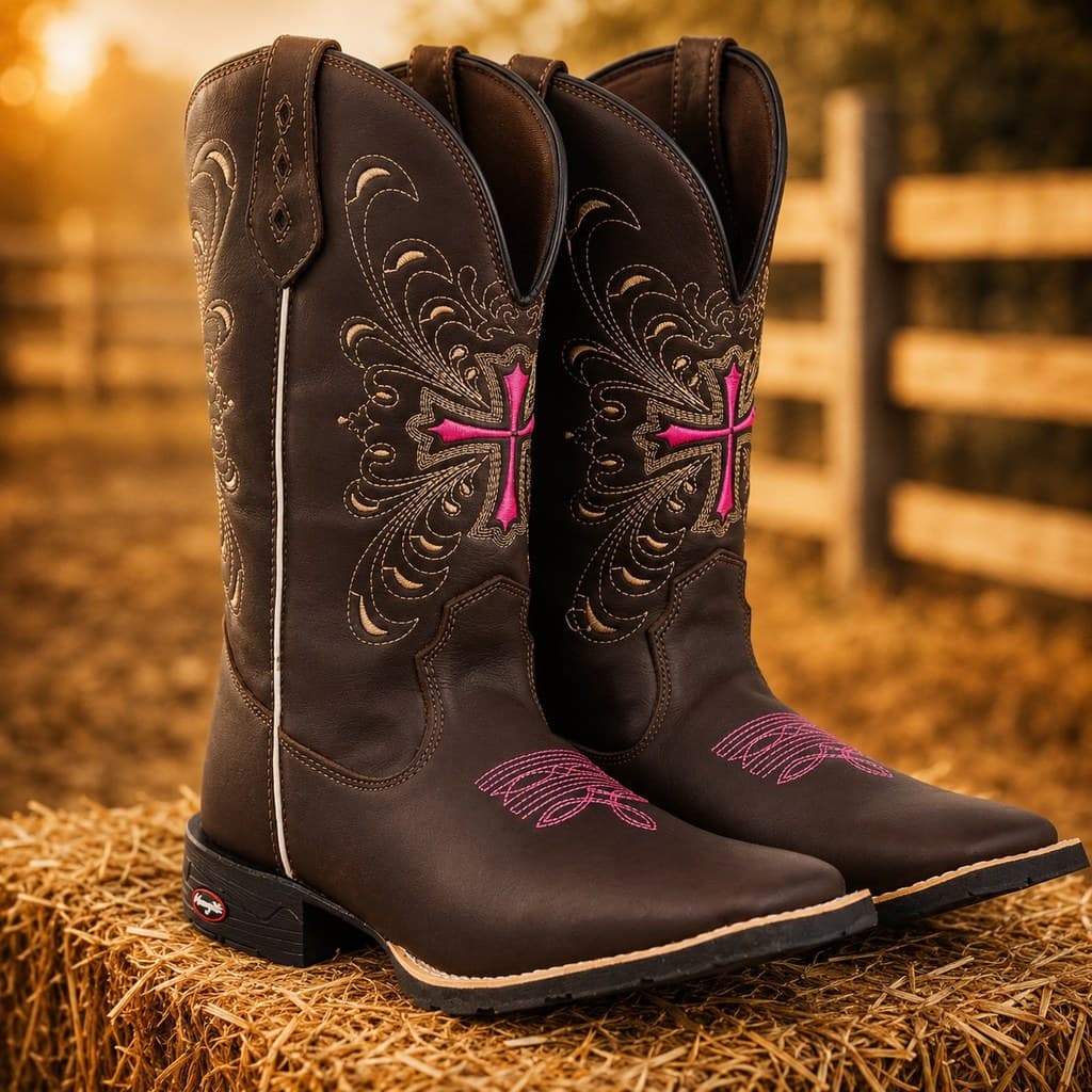 Bota Texana Feminina Botina Feminina Cruz Rosa Bico Quadrado Country