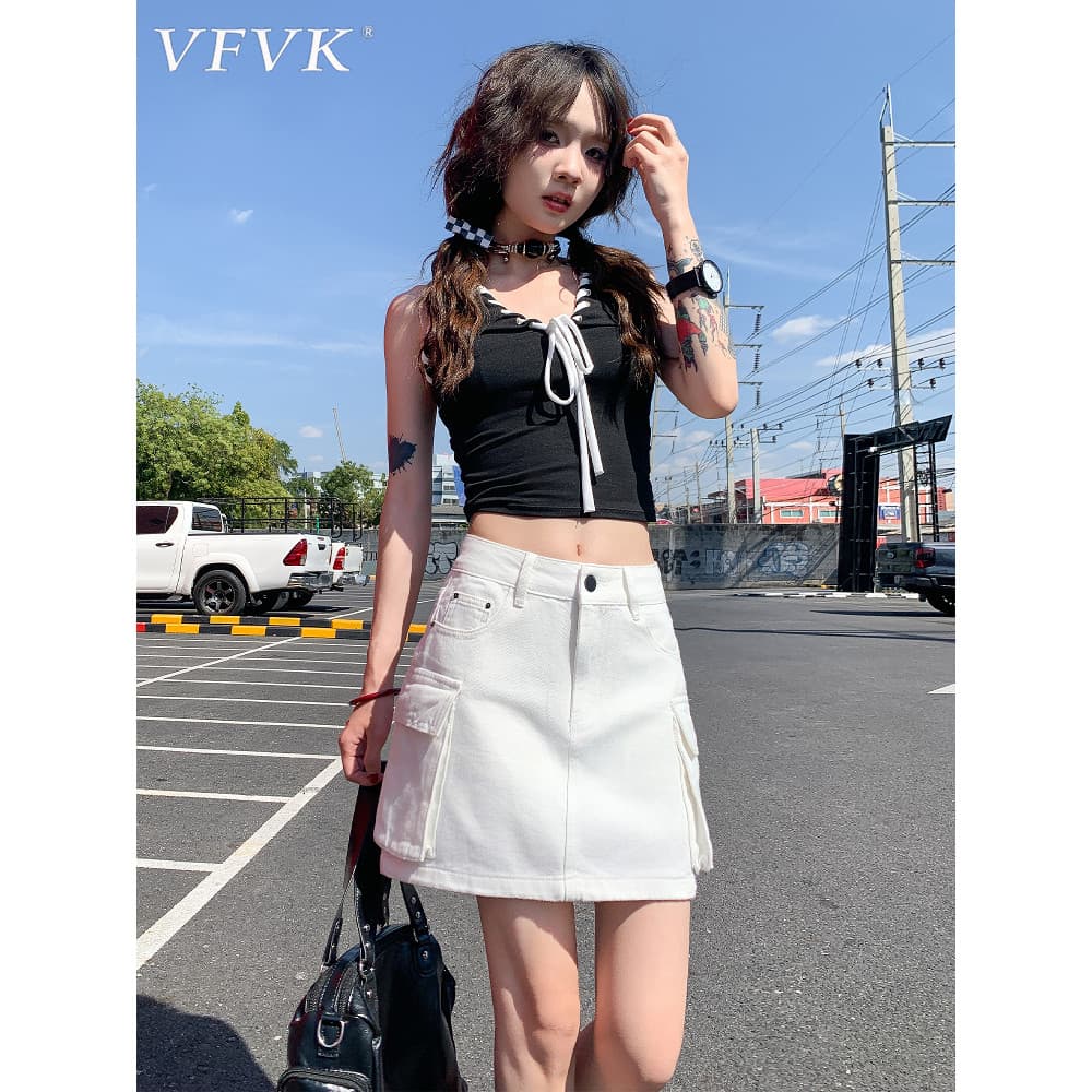 Vfvk saia jeans branca macacão saia feminina novo estilo pequena evasê feminina verão saia quente americana