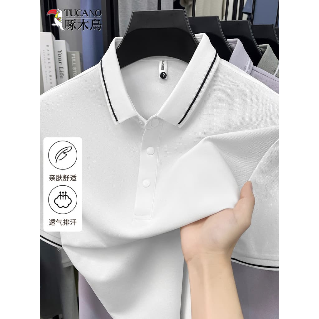 Woodpecker gelo seda sem costura manga curta masculina verão lapela fina cor sólida camisa polo médio-Ag