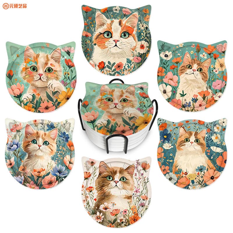 Flor gato padrão cabeça de gato cerâmica Coaster mesa de impressão antiderrapante cortiça inferior almofada de isolament