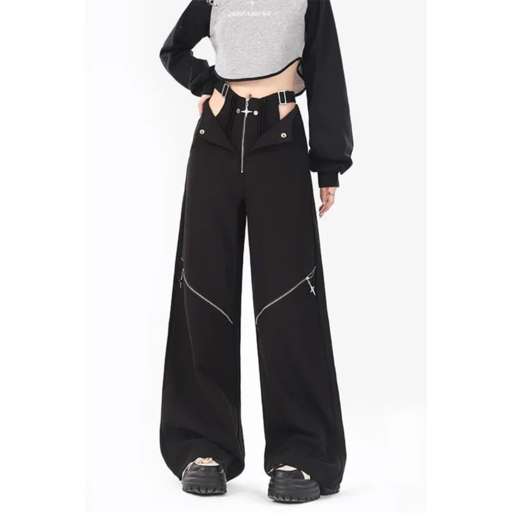 Calças De Pernas Largas Com design De Zíper Elegante Da Moda Feminina