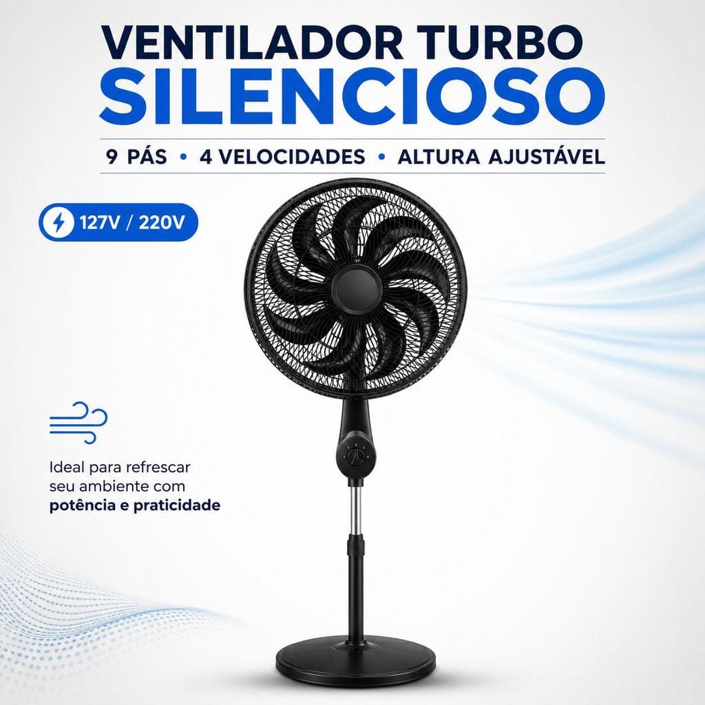 Ventilador Turbo Silencioso de Coluna 9 Pás, 4 Velocidades, Altura Ajustável, Oscilação Horizontal, Base Estável, 75W, 1
