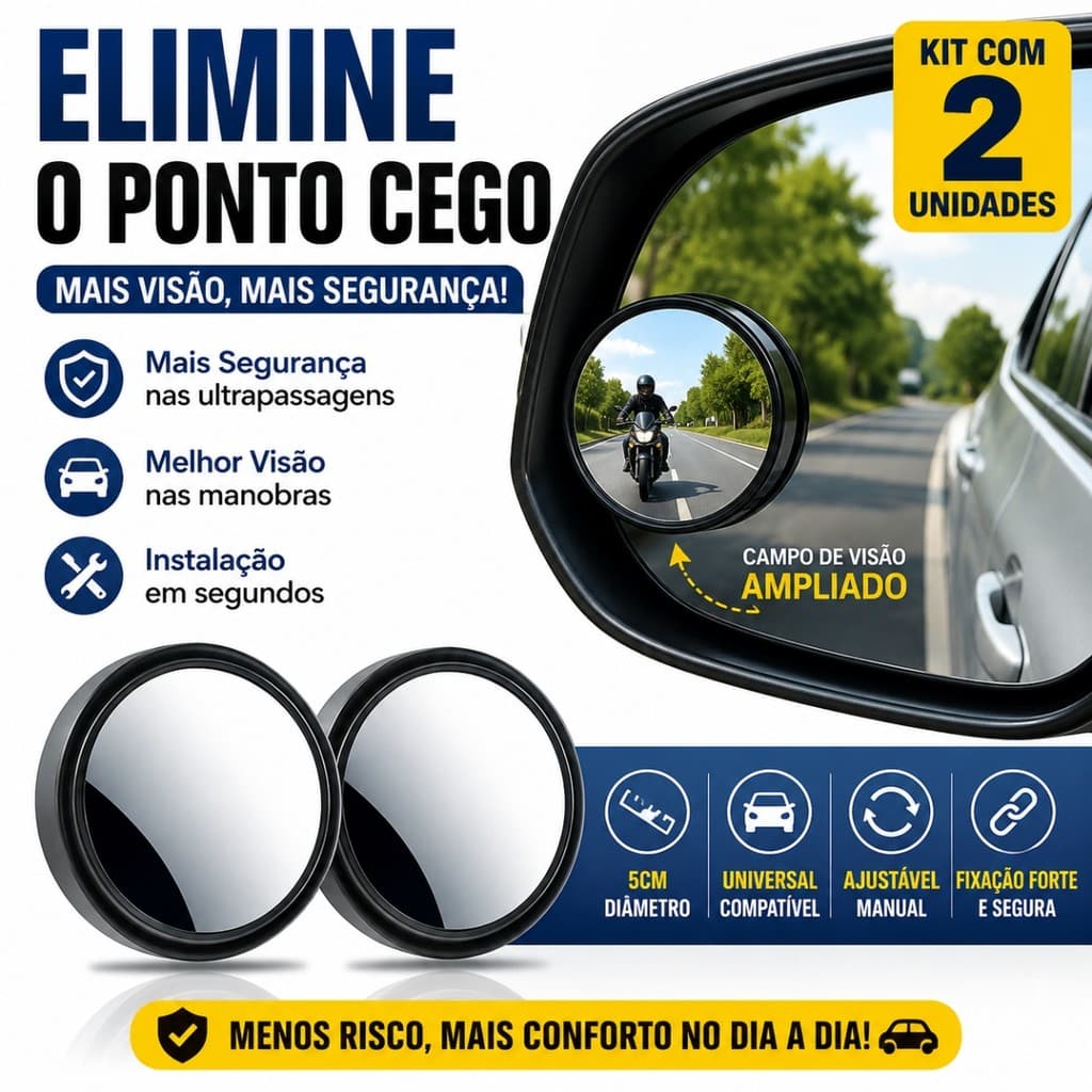 Kit 2 Mini Espelhos Retrovisores Auxiliares Convexo Ponto Cego Universal 360° Carro Moto