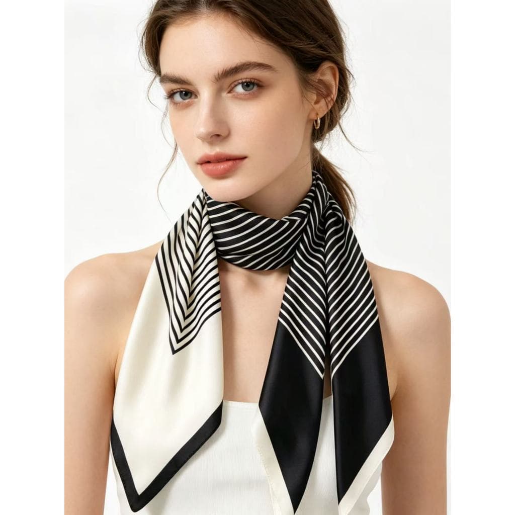Lenço de Seda Listrado Preto e Branco Elegante Feminino