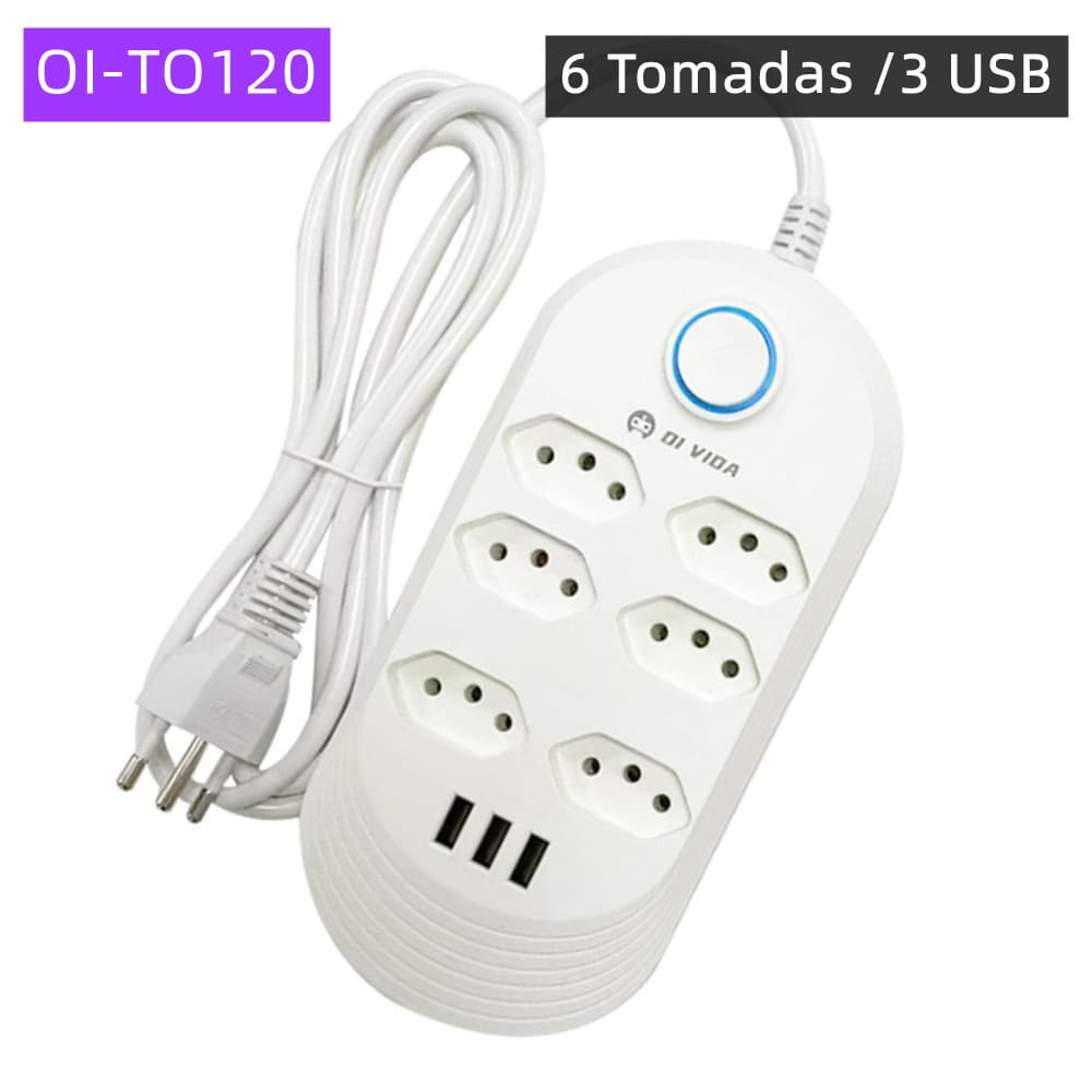 Régua Filtro de Linha Régua Extensão 6 Tomadas E 3 Entradas USB Bivolt 110v/220v Cabo de 2 Metros Extensão Elétrica