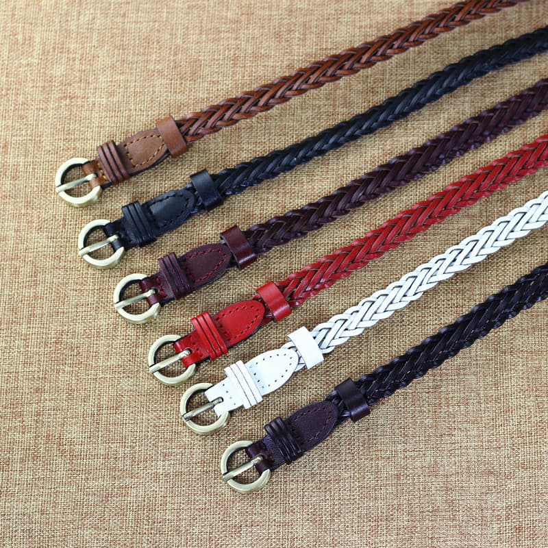 Fivela redonda literária atada senhoras pino fivela cinto estreito couro trançado cinto feminino decoração fina simples