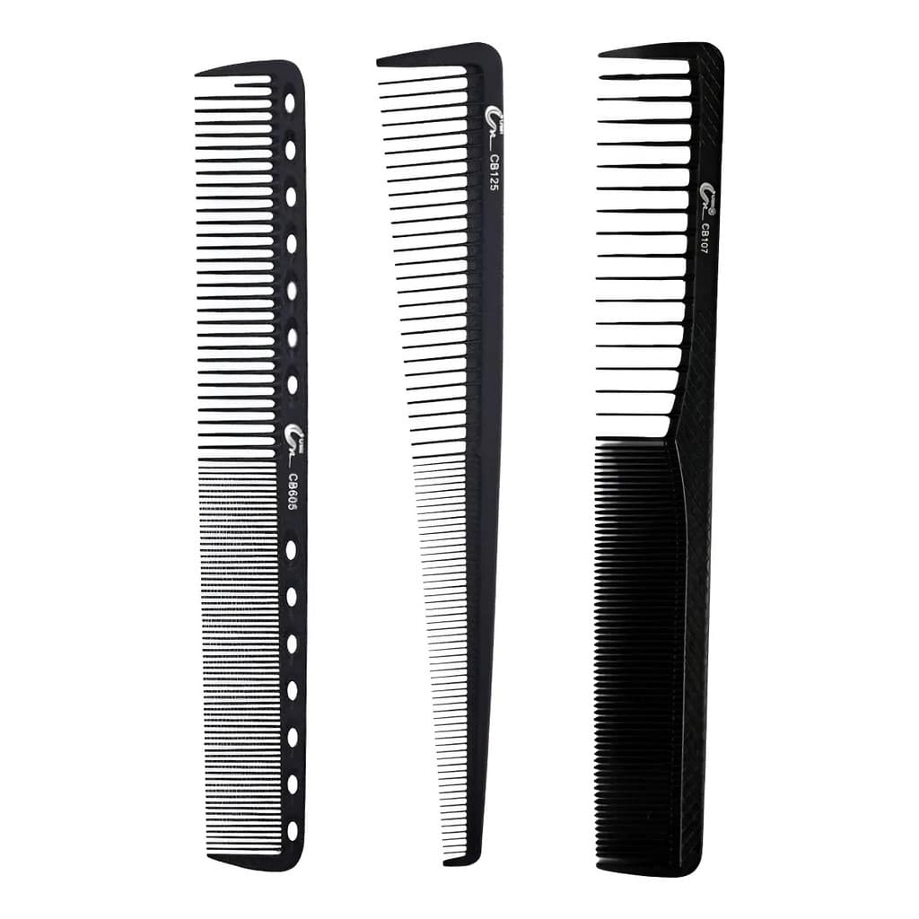 Kit 3 Pentes Carbono De Corte Barbeiro Profissional Preto