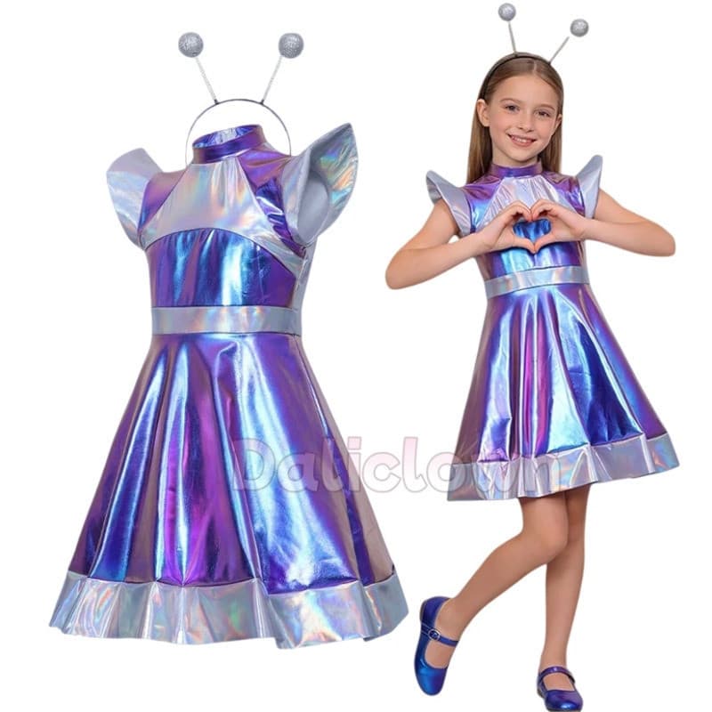 Fantasia de Robô Alienígena Metálica Brilhante para Meninas - Macacão de Astronauta Infantil para Festa Temática de Danç